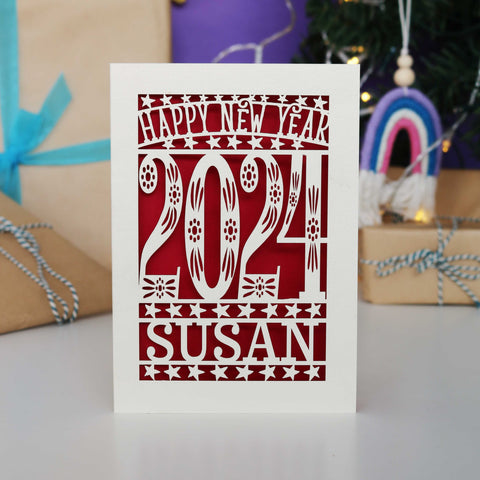 Personalised Papercut Happy New Year Card A5 - Dark Red / A6 (small)