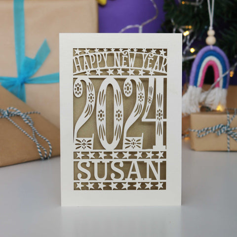 Personalised Papercut Happy New Year Card A5 - Gold Leaf / A6 (small)