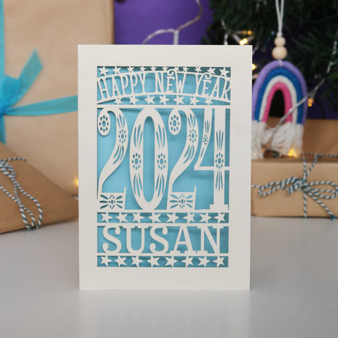 Personalised Papercut Happy New Year Card A5 - Light Blue / A6 (small)