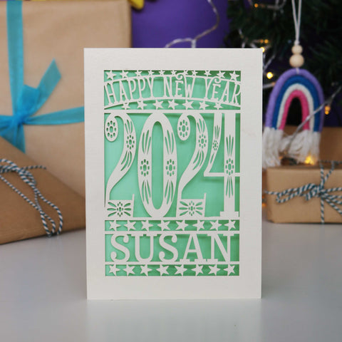 Personalised Papercut Happy New Year Card A5 - Light Green / A6 (small)