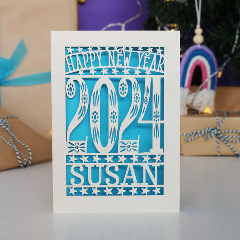 Personalised Papercut Happy New Year Card A5 - Peacock Blue / A6 (small)