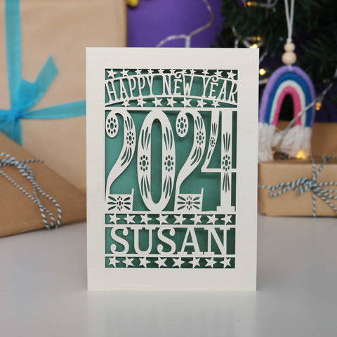 Personalised Papercut Happy New Year Card A5 - Sage Green / A6 (small)