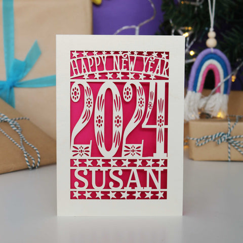 Personalised Papercut Happy New Year Card A5 - Shocking Pink / A6 (small)