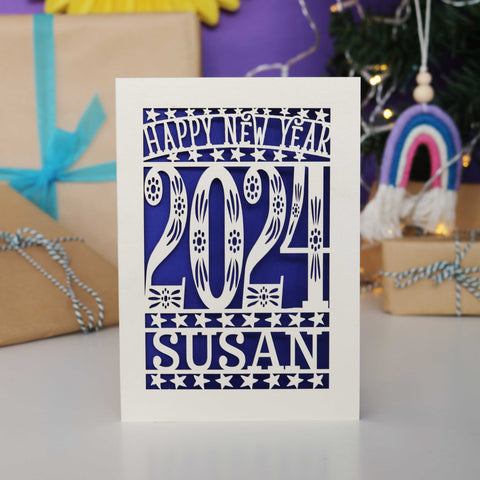 Personalised Papercut Happy New Year Card A5 - Infra Violet / A6 (small)