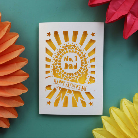 Laser cut Father's Day card featuring a rosette that says "No. 1 Dad" and "Happy Father's Day