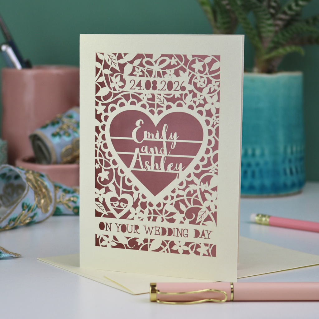 Wedding card with personalised text on a decorative background