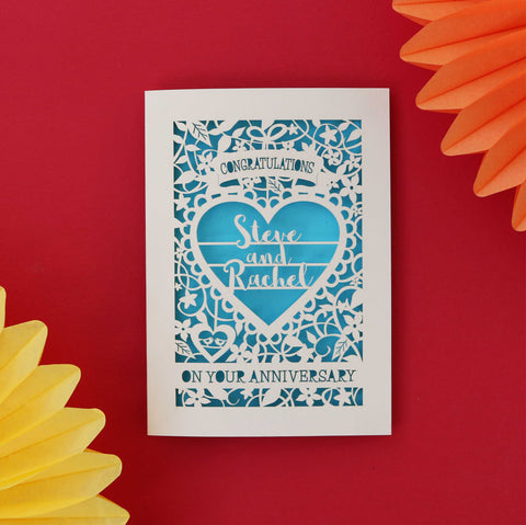 Personalised On Your Anniversary Paper Cut Card - A5 (large); / Peacock Blue;