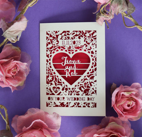 A papercut wedding card with a date, 2 names and the words "on your wedding day" surrounded by laser cut leaf and flower shapes
