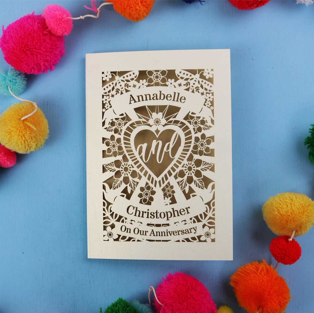 Personalised wife anniversary card with decorative heart design on a blue background with colourful pom-poms.