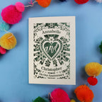 Personalised anniversary card with decorative heart design on a blue background with colourful pom-poms.