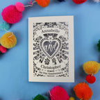 Special Personalised anniversary card with decorative heart design on a blue background with colourful pom-poms.