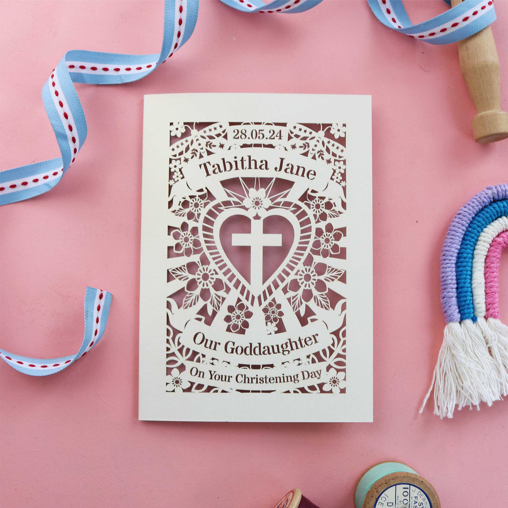 A paper cut Christening God Daughter card