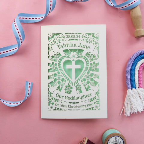 A laser cut Christening card for a Godmother to give to her Goddaughter - A6 (small) / Light Green / My Goddaughter On Your Christening Day