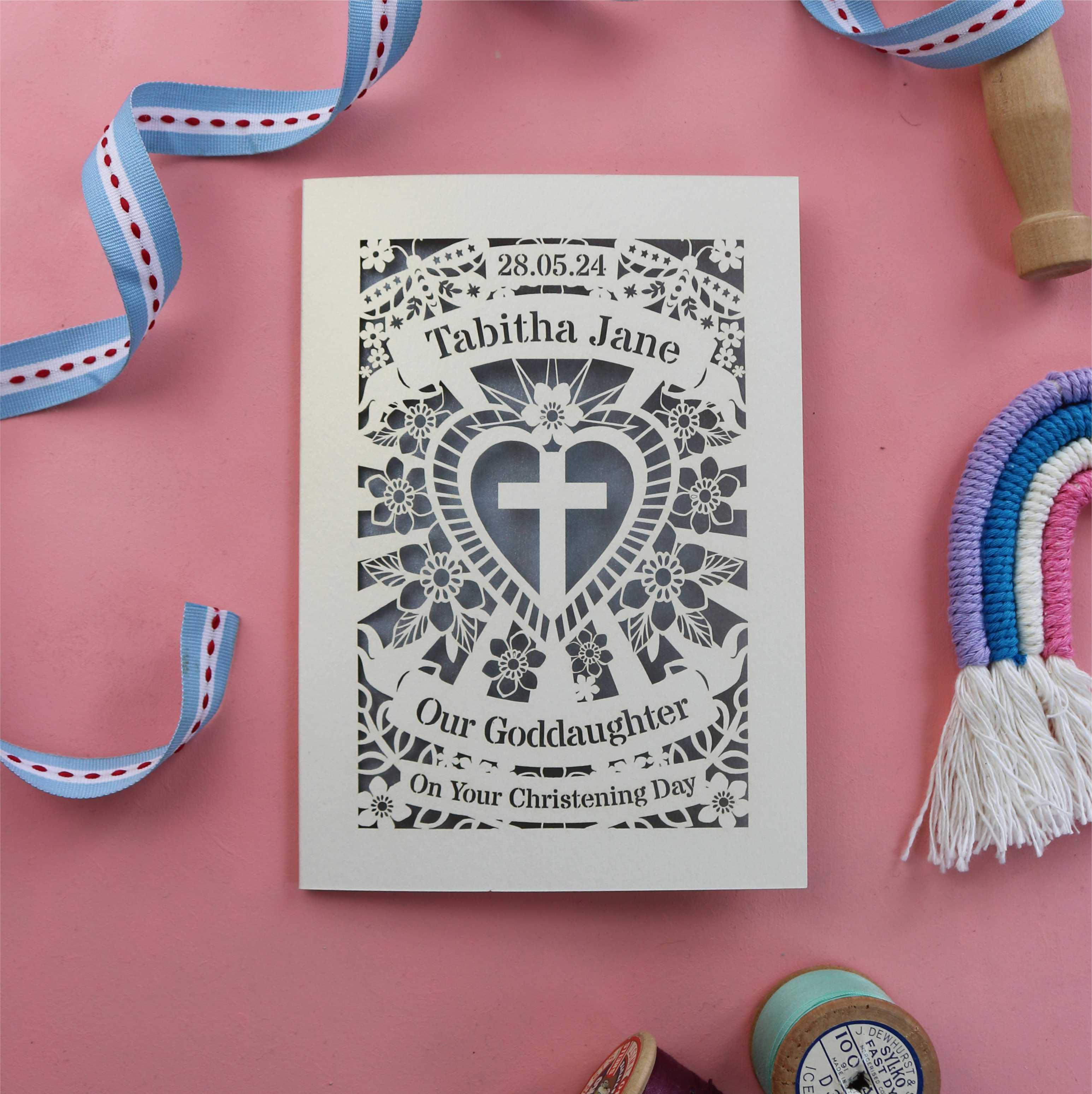 A personalised Christening Goddaughter card