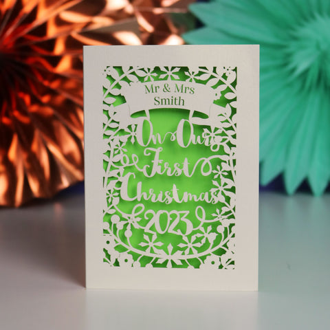 Personalised 'Our First Christmas' Papercut Card - A6 (small) / Bright green
