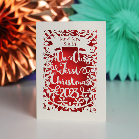 Personalised 'Our First Christmas' Papercut Card - A6 (small) / Bright red