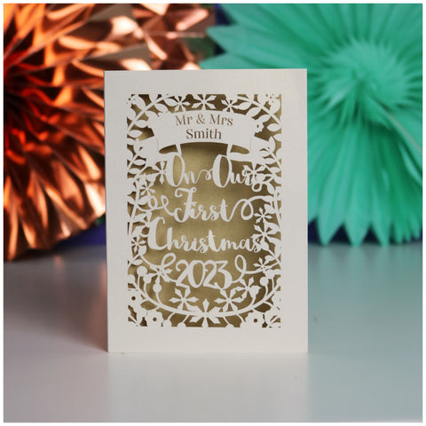 Personalised 'Our First Christmas' Papercut Card - A6 (small) / Gold Leaf