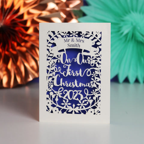 Personalised 'Our First Christmas' Papercut Card - A6 (small) / Infra Violet
