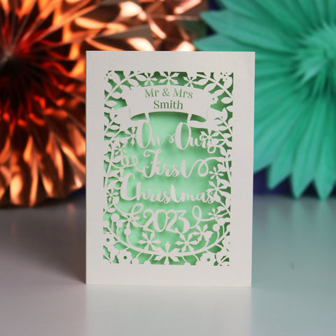 Personalised 'Our First Christmas' Papercut Card - A6 (small) / Light Green