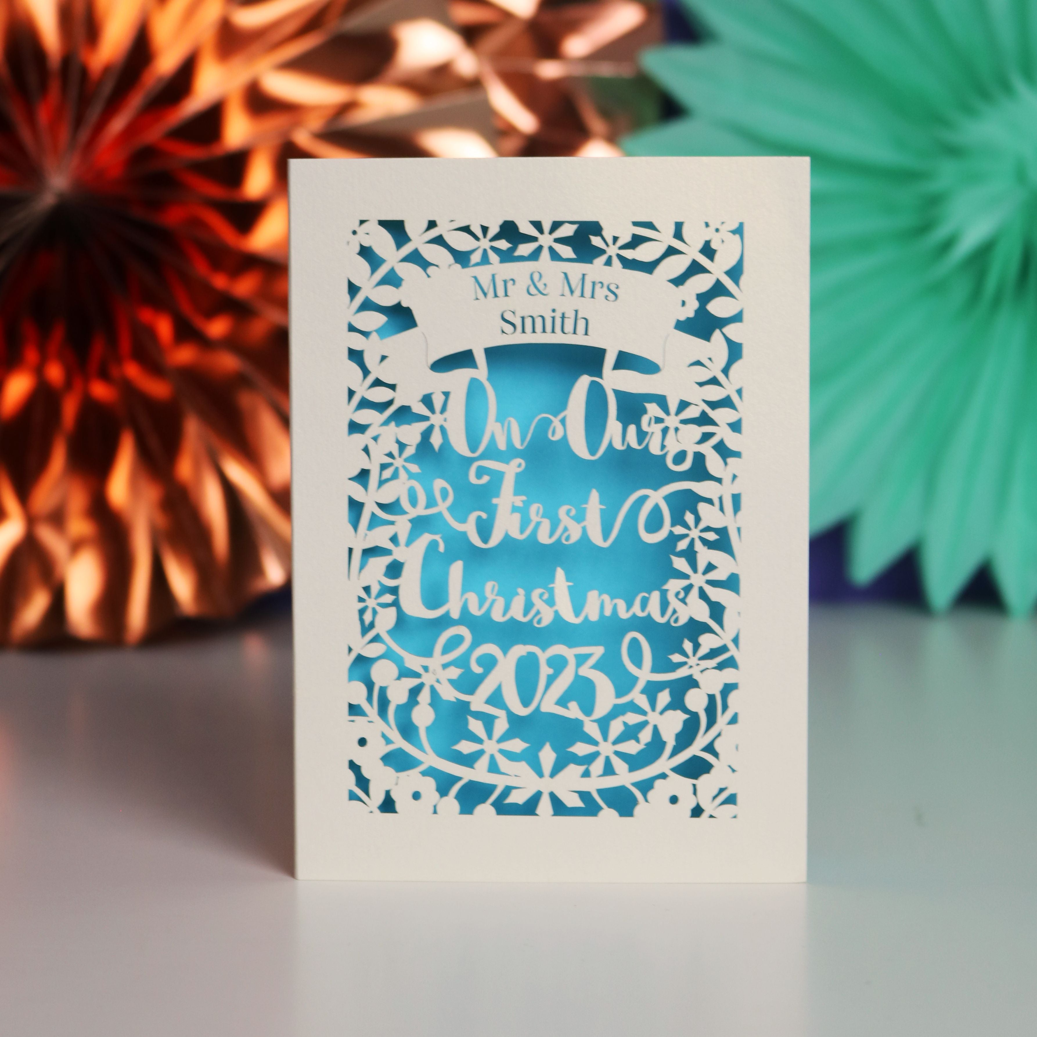 Personalized laser cut couples' First Christmas card 