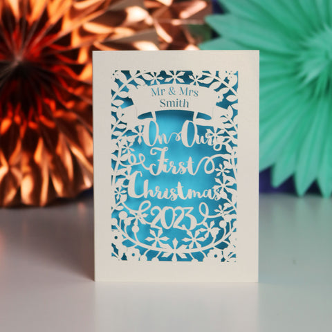 Personalised 'Our First Christmas' Papercut Card - A6 (small) / Peacock Blue