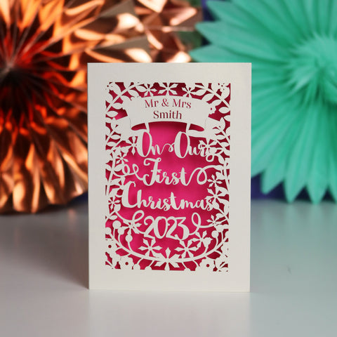 Personalised 'Our First Christmas' Papercut Card - A6 (small) / Shocking Pink