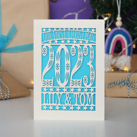 Our First Christmas Personalised Card - A5 / Peacock Blue
