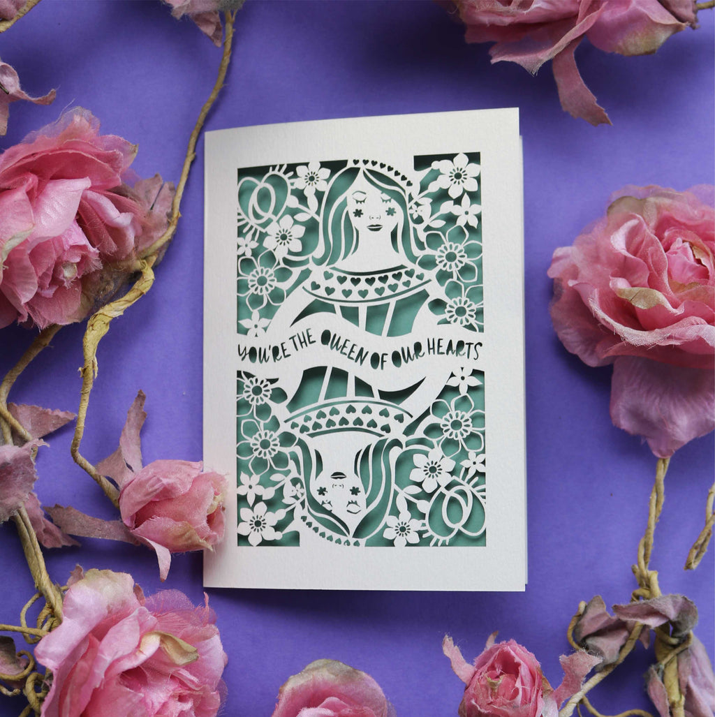 A cut out Mothering Sunday card, You're the Queen of our Hearts
