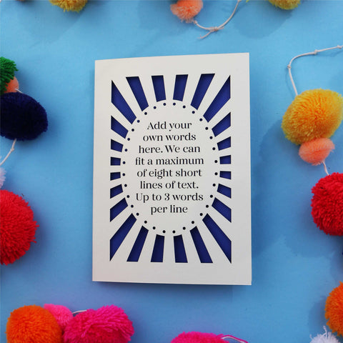 A really special laser cut card with sunbeam style border and an oval in the centre for your own personalised message to be cut - A6 (small) / Infra Violet