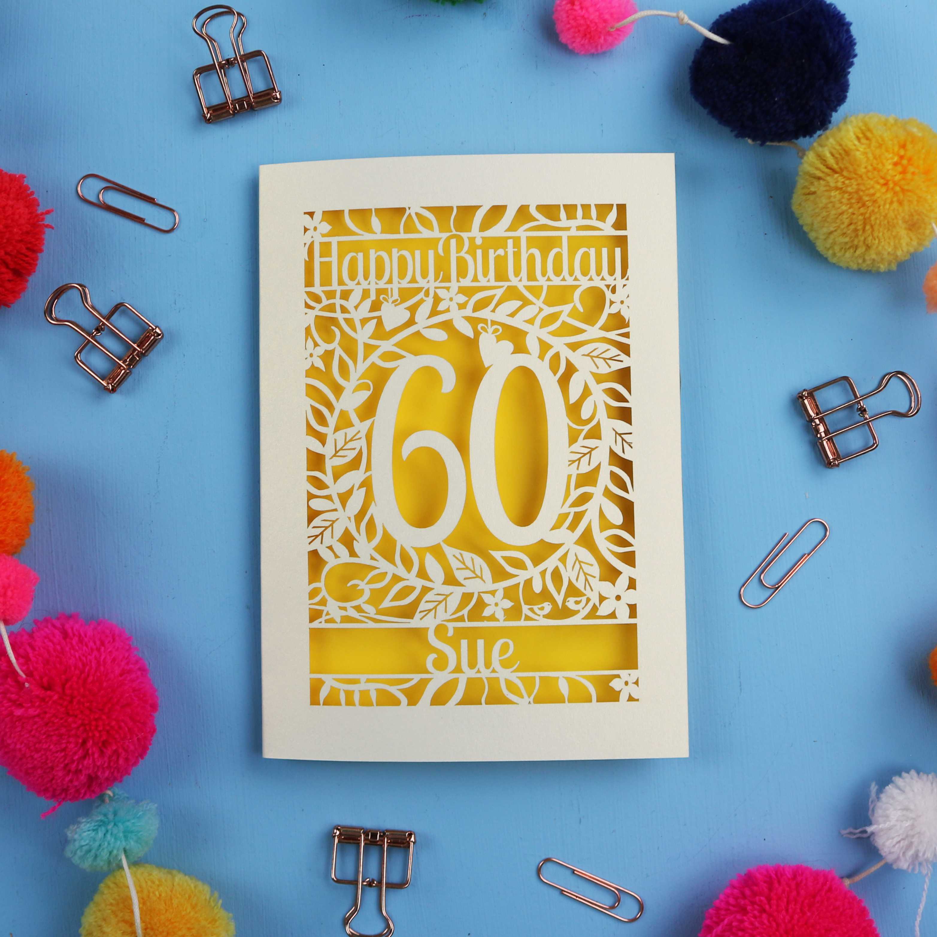 60th birthday card with decorative elements on a blue background