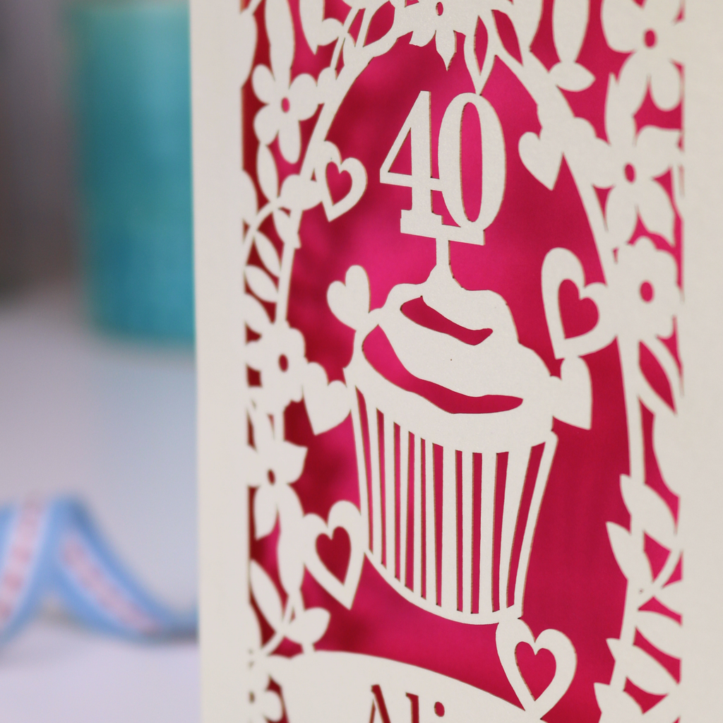 Card with a cupcake and number 40 design on a red background