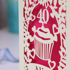 Card with a cupcake and number 40 design on a red background