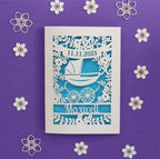 A personalised card for a new baby, laser cut and featuring a vintage pram surrounded by flowers. Card is personalised with date of birth and baby's name.