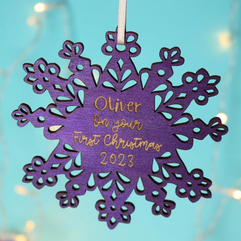 Personalised Purple Snowflake First Christmas Decoration - 