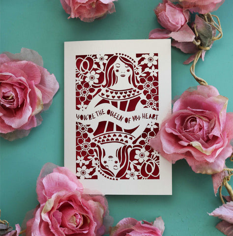 A laser cut Valentine's card inspired by the Queen of hearts. - A5 (large) / Dark Red