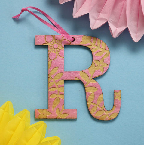 Assorted Letter R Wooden Engraved Hanging Decorations - 3mm pink floral