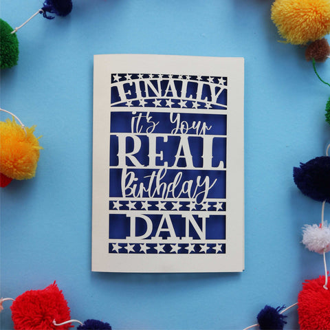 "Finally it's your real birthday, NAME" laser cut leap year birthday card - A5 (large) / Infra Violet