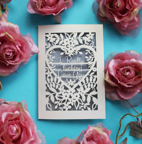 A laser cut Valentine's card that says "I really fucking love you" surrounded by flowers and leaves - A5 (large) / Silver