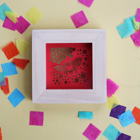 SECONDS Small Square Framed Bee Papercut -Red
