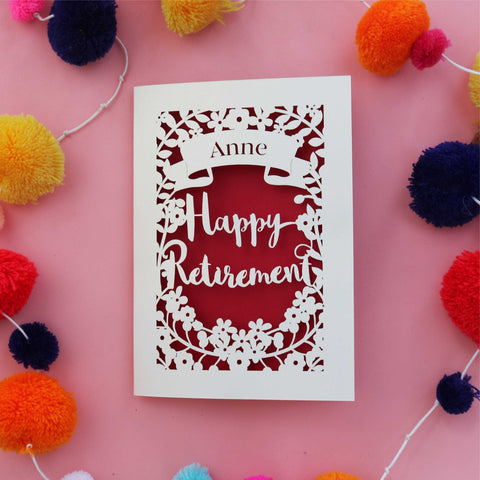 A personalised retirement card, laser cut and hand finished with coloured paper - A5 / Dark Red