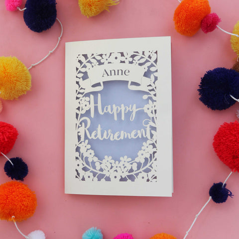 A personalised papercut retirement card with a name, leaves and floral details.  - A6 / Lilac