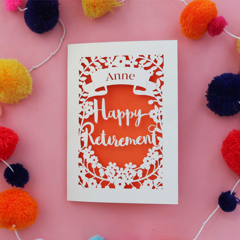 A cream and orange laser cut card for a happy retirement - A6 / Orange