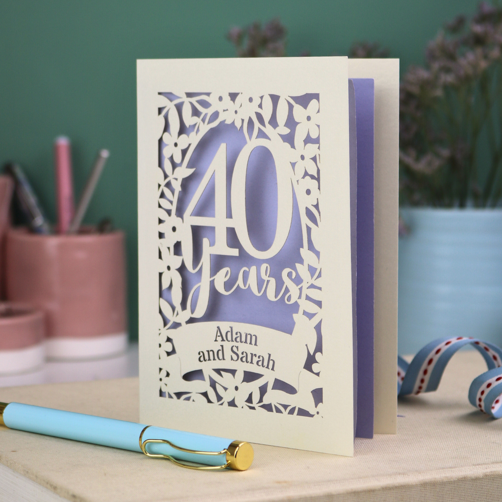 Personalised 40th Anniversary Card with '40 Years' design on a desk with stationery items.