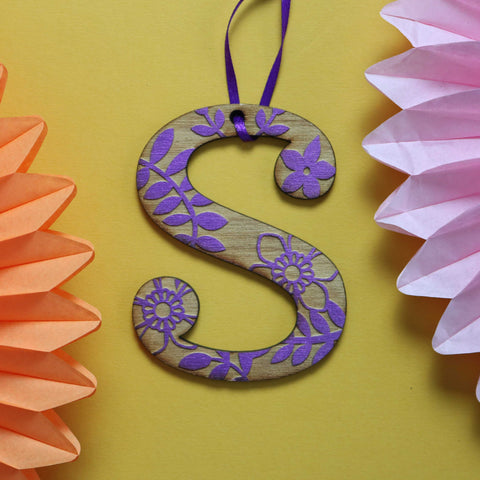 Assorted Letter S Wooden Engraved Hanging Decorations - 3mm purple floral