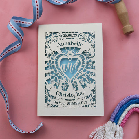Personalised Laser Cut Sacred Heart Wedding Card - A6 (small) / Light Blue