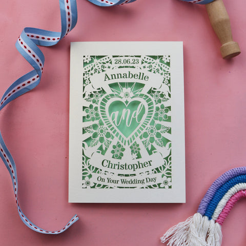 Personalised Laser Cut Sacred Heart Wedding Card - A6 (small) / Light Green