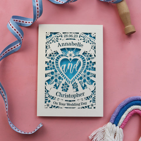 Personalised Laser Cut Sacred Heart Wedding Card - A6 (small) / Peacock Blue