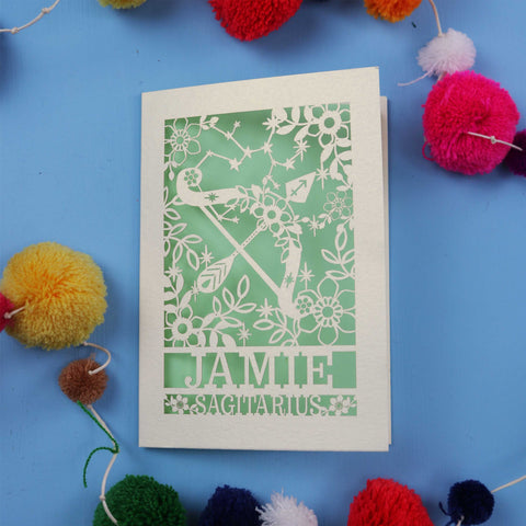 Personalised Sagittarius Papercut Birthday Card - A6 (small) / Light Green