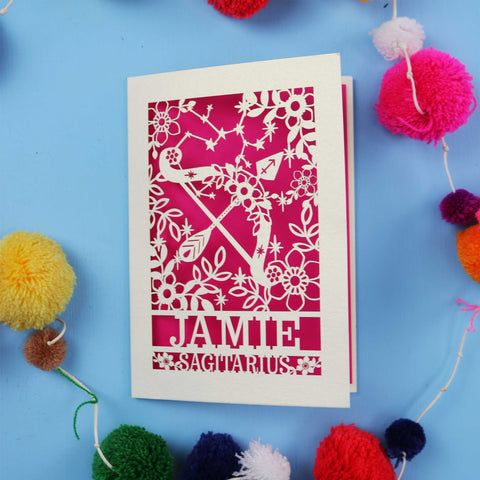 Personalised Sagittarius Papercut Birthday Card - A6 (small) / Shocking Pink