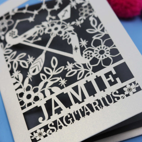 Personalised Sagittarius Papercut Birthday Card - A6 (small) / Urban Grey